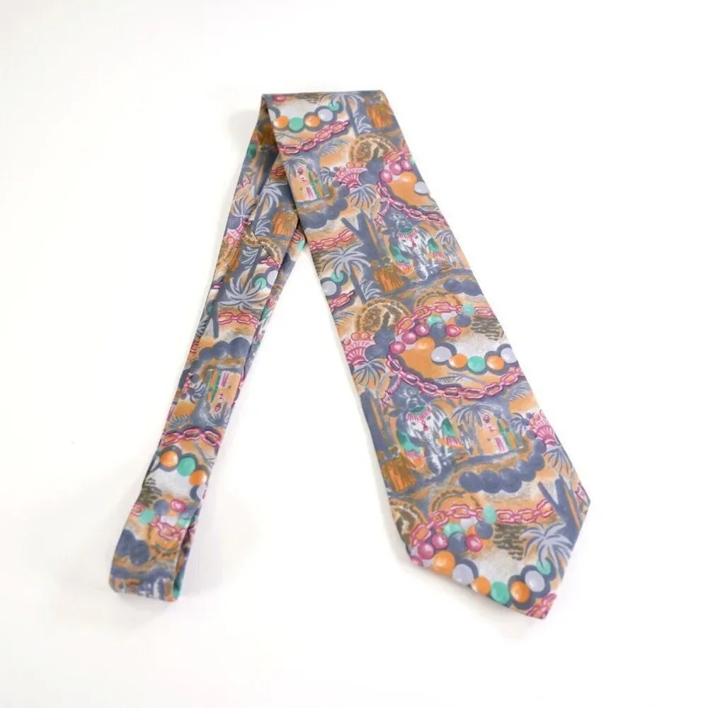 Laura Biagiotti Abstact‎ Jungle Print Orange Gray Short Wide Silk Tie